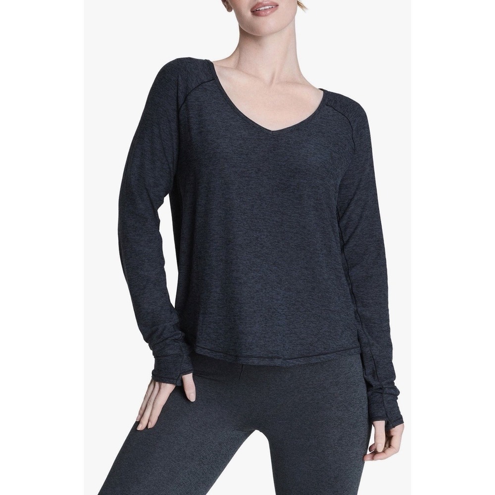 Spanx Womens V-Neck Long Sleeve Soft Stretch Activewear Top Navy Blue Size Large